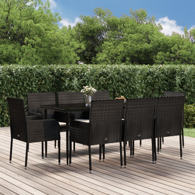 Set da Pranzo da Giardino 9 pz con Cuscini Nero in Polyrattan