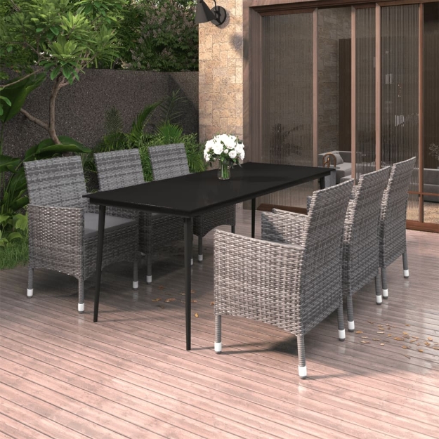 Set da Pranzo per Giardino 7 pz con Cuscini Polyrattan e Vetro