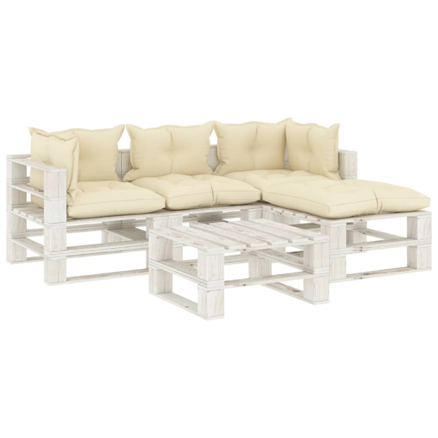 Set Divani da Giardino su Pallet 5 pz Cuscini Crema in Legno