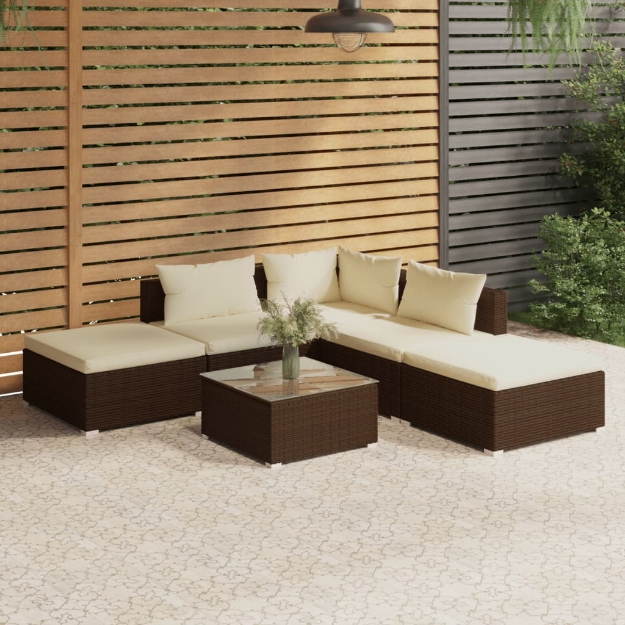 Set Divani da Giardino 6 pz con Cuscini in Polyrattan Marrone