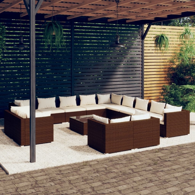 Set Divani da Giardino 14 pz con Cuscini in Polyrattan Marrone