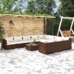 Set Divani da Giardino 11 pz con Cuscini in Polyrattan Marrone