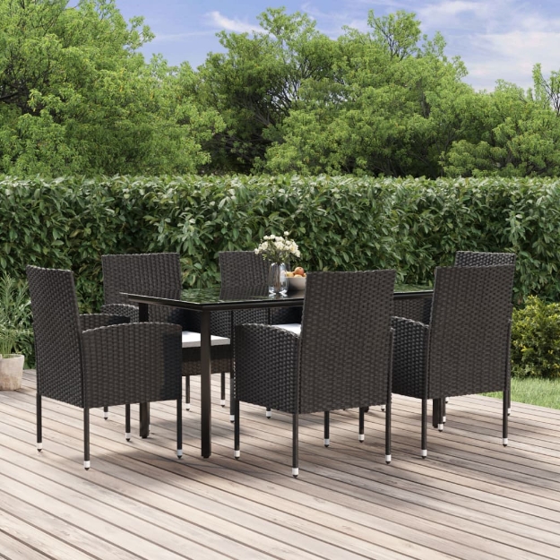 Set da Pranzo da Giardino 7 pz Nero con Cuscini in Polyrattan