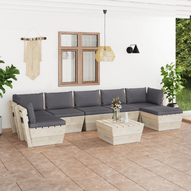 Set Divani da Giardino su Pallet 8 pz con Cuscini Legno Abete