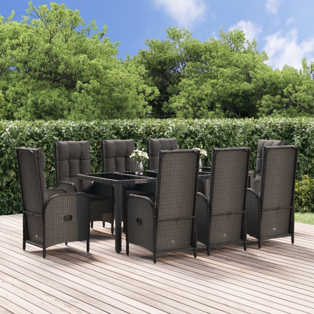 Set da Pranzo Giardino 9pz con Cuscini Nero e Grigio Polyrattan