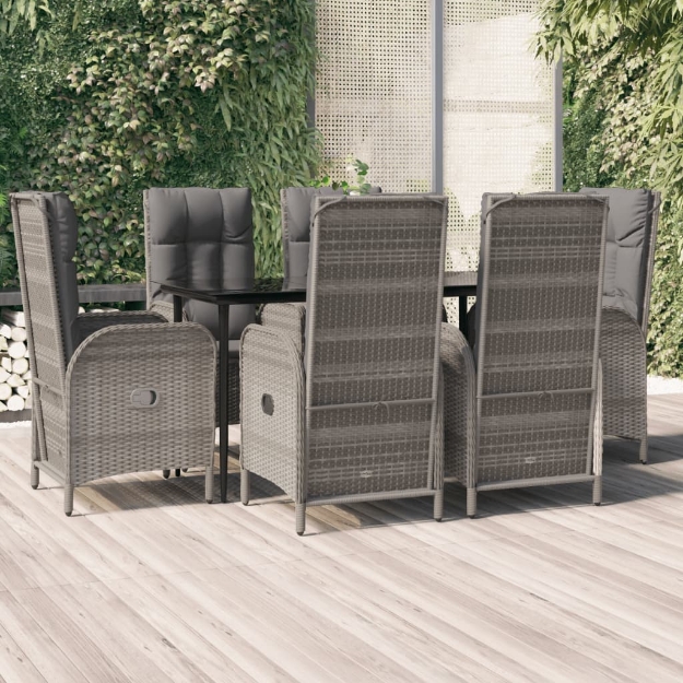 Set da Pranzo Giardino 7pz Nero e Grigio con Cuscini Polyrattan