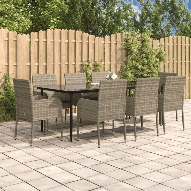 Set da Pranzo Giardino 9pz con Cuscini Nero e Grigio Polyrattan