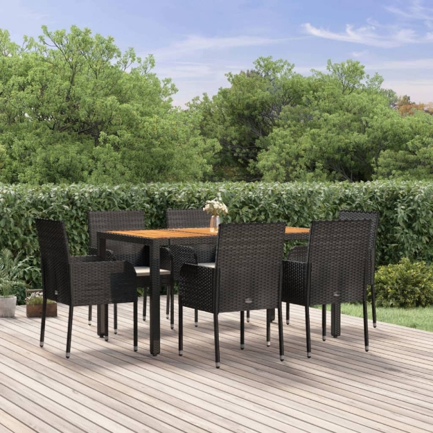 Set da Pranzo da Giardino 7 pz Nero con Cuscini in Polyrattan