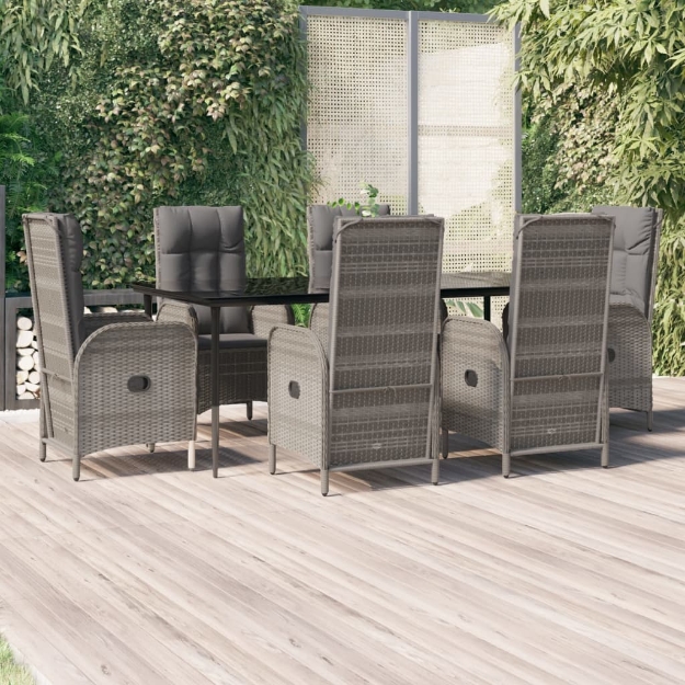 Set da Pranzo Giardino 7pz Nero e Grigio con Cuscini Polyrattan