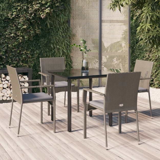 Set da Pranzo Giardino 5pz Nero e Grigio con Cuscini Polyrattan