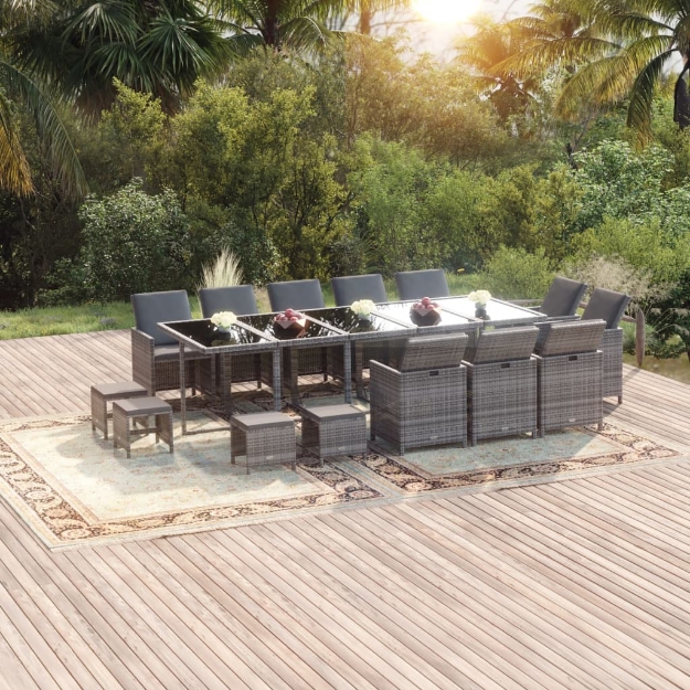 Set da Pranzo per Giardino 15 pz con Cuscini Polyrattan Grigio