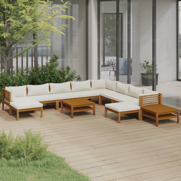 Set Divani da Giardino 12 pz con Cuscini Crema in Legno Acacia