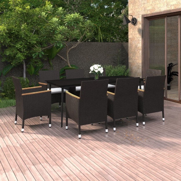 Set da Pranzo per Giardino 9 pz con Cuscini Polyrattan e Vetro