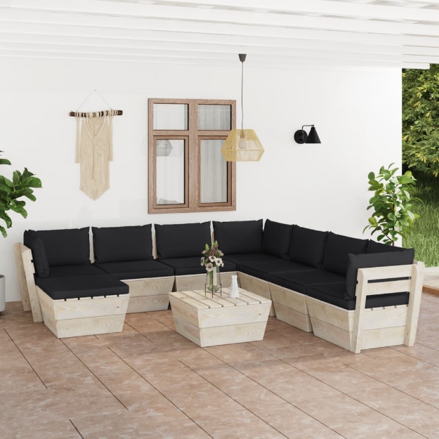 Set Divani da Giardino su Pallet 9 pz con Cuscini Legno Abete