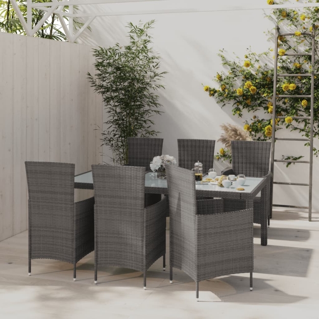 Set da Pranzo da Giardino 7 pz con Cuscini in Polyrattan Grigio