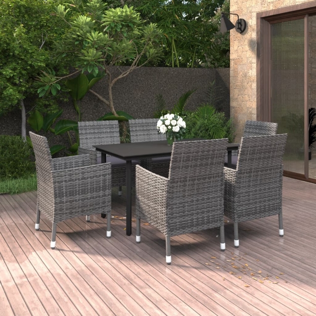 Set da Pranzo da Giardino 7 pz con Cuscini Polyrattan e Vetro