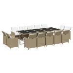 Set da Pranzo per Giardino 15pz con Cuscini in Polyrattan Beige