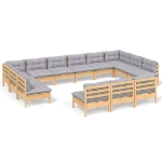 Set Divani da Giardino 13 pz con Cuscini Grigi Massello di Pino