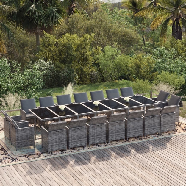 Set da Pranzo per Giardino 19 pz con Cuscini Polyrattan Grigio