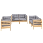 Set Divani da Giardino 6 pz con Cuscini Grigi Massello di Pino