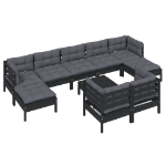 Set Divani da Giardino 10 pz con Cuscini Neri Legno di Pino