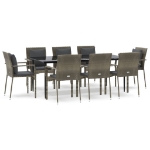 Set da Pranzo Giardino 9pz con Cuscini Nero e Grigio Polyrattan