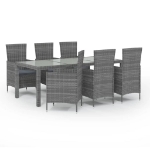 Set da Pranzo da Giardino 7 pz con Cuscini in Polyrattan Grigio