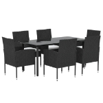 Set da Pranzo da Giardino 7 pz Nero con Cuscini in Polyrattan