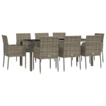 Set da Pranzo da Giardino 9 pz con Cuscini in Polyrattan Grigio