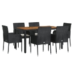 Set da Pranzo da Giardino 7 pz Nero con Cuscini in Polyrattan