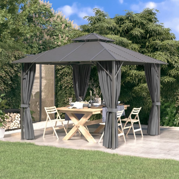 Gazebo con Tende Laterali e Doppio Tetto 3x3 m Antracite