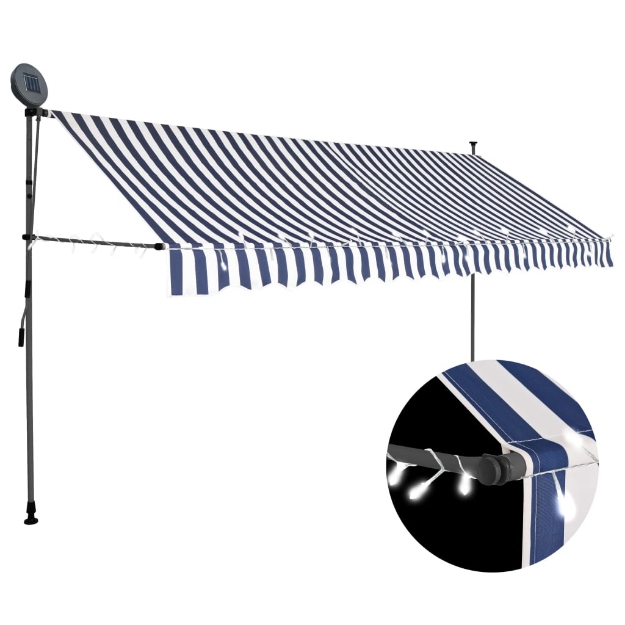 Tenda da Sole Retrattile Manuale con LED 350 cm Blu e Bianco