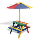 Tavolo e Panchine per Bambini con Parasole Legno Multicolore