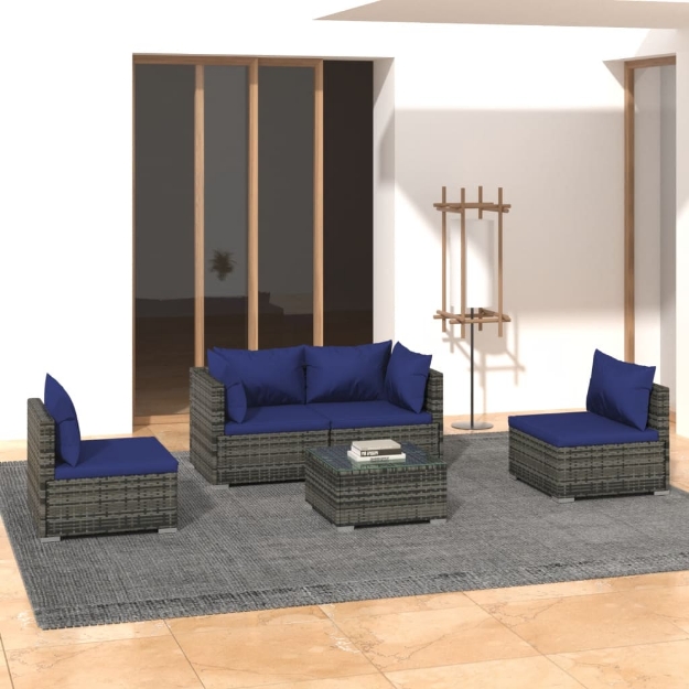 Set Divani da Giardino 5 pz con Cuscini in Polyrattan Grigio