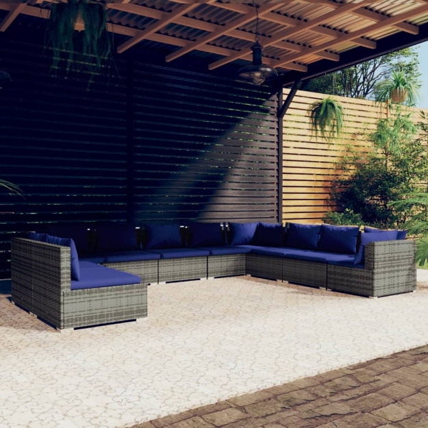 Set Divani da Giardino 10 pz con Cuscini in Polyrattan Grigio