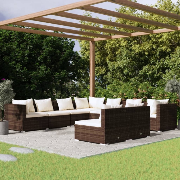 Set Divani da Giardino 9 pz con Cuscini in Polyrattan Marrone