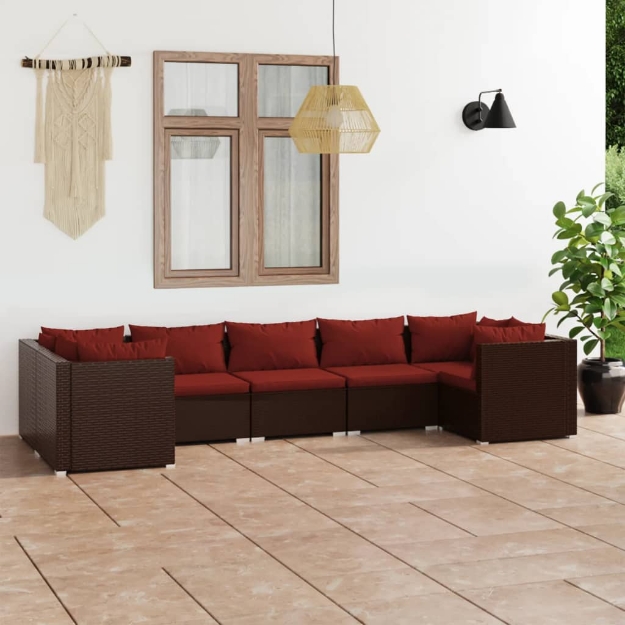 Set Divani da Giardino 7 pz con Cuscini in Polyrattan Marrone