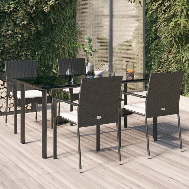 Set da Pranzo da Giardino 5 pz Nero con Cuscini in Polyrattan