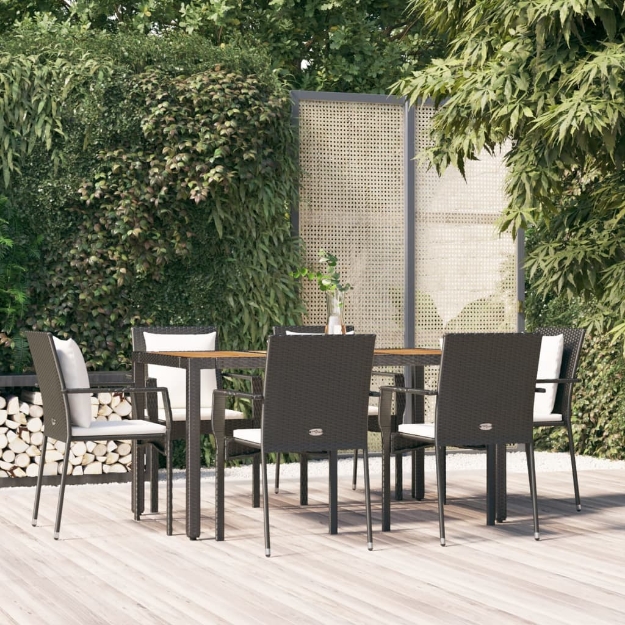 Set da Pranzo da Giardino 7 pz Nero con Cuscini in Polyrattan