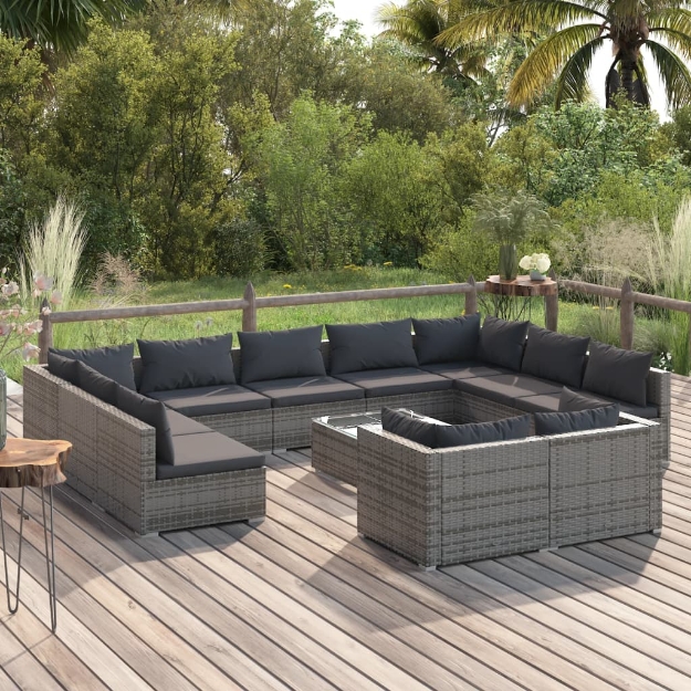 Set Divani da Giardino 12 pz con Cuscini in Polyrattan Grigio