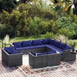 Set Divani da Giardino 11 pz con Cuscini in Polyrattan Grigio