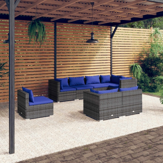 Set Divani da Giardino 8 pz con Cuscini in Polyrattan Grigio