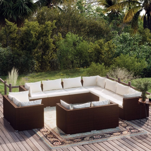 Set Divani da Giardino 11 pz con Cuscini in Polyrattan Marrone