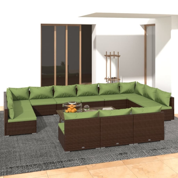 Set Divani da Giardino 13 pz con Cuscini in Polyrattan Marrone