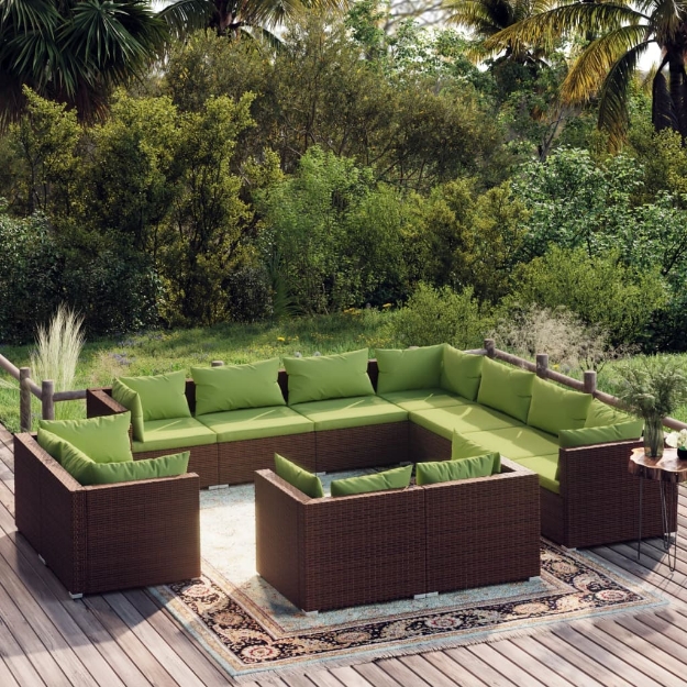 Set Divani da Giardino 11 pz con Cuscini in Polyrattan Marrone