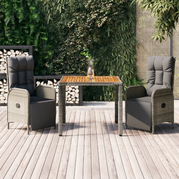 Set da Pranzo da Giardino 3 pz con Cuscini in Polyrattan Grigio