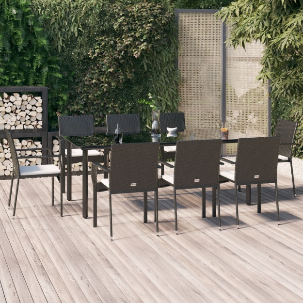 Set da Pranzo da Giardino 9 pz con Cuscini Nero in Polyrattan