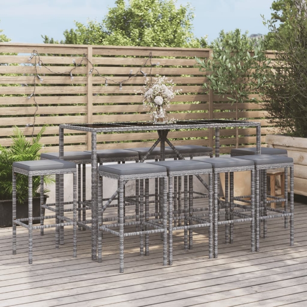 Set Bar da Giardino 11 pz con Cuscini in Polyrattan Grigio