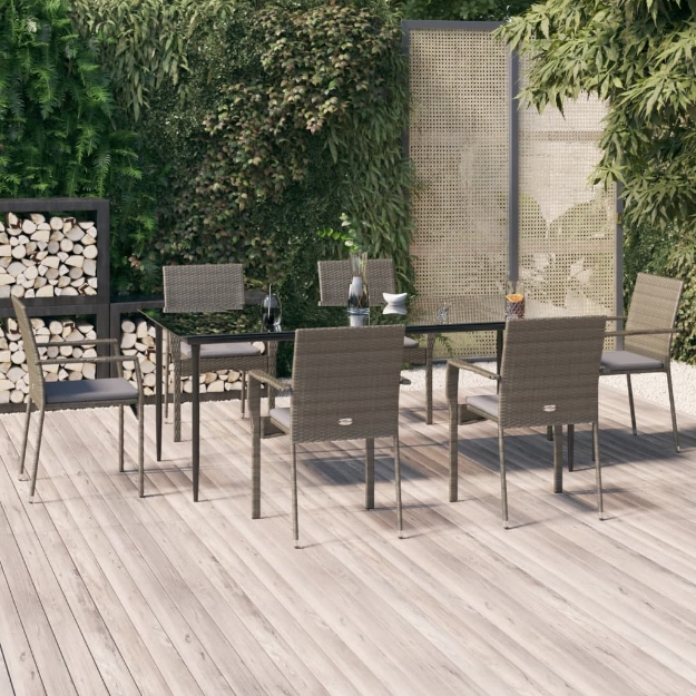 Set da Pranzo Giardino 7pz Nero e Grigio con Cuscini Polyrattan