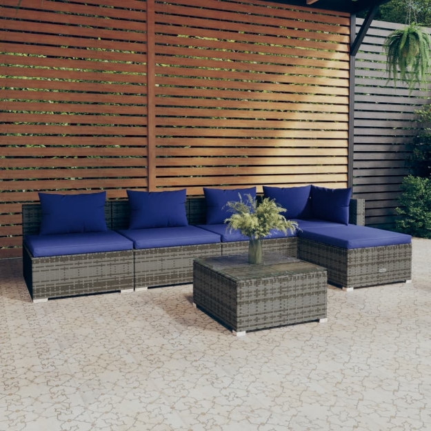 Set Divani da Giardino 6 pz con Cuscini in Polyrattan Grigio